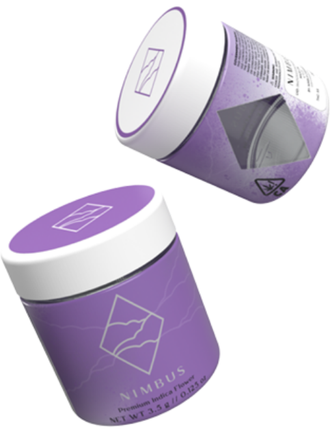 Two Nimbus Premium Indica Flower in purple branded Jars